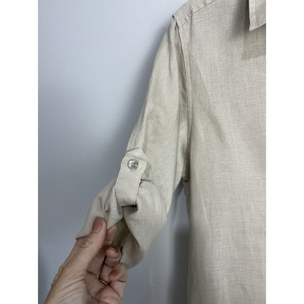 Pure Amici Linen Roll Tab Sleeve Tan Khaki Shirt Dress Small - Picture 10 of 12
